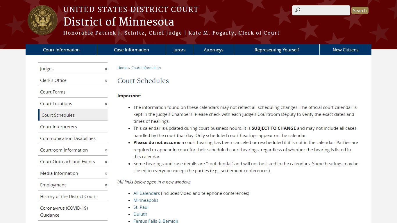 Court Schedules | District of Minnesota - United States District Court ...